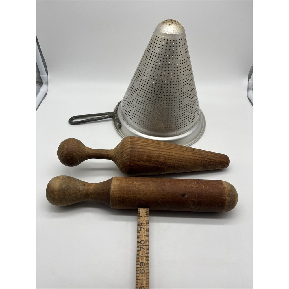 Vintage Ware Ever aluminum sieve with wood pestles, Set of 3